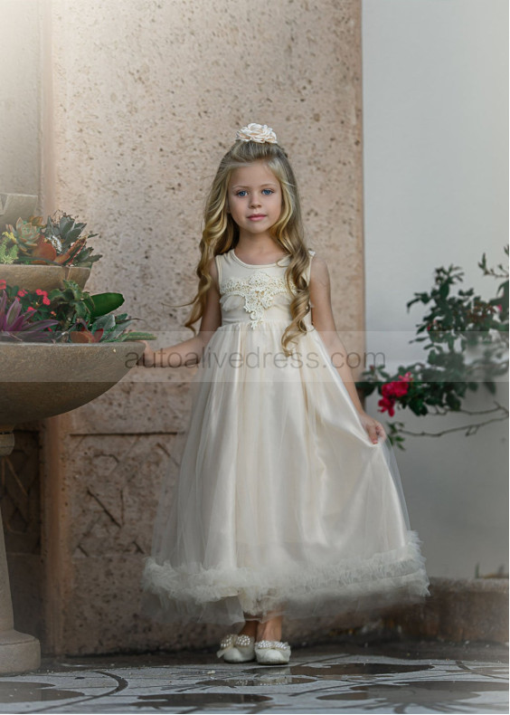 Champagne Lace Tulle Ankle Length Boho Flower Girl Dress